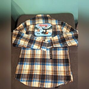 NEW Angry Minnow Men's Size M Hamm's‎ Beer Big Patch Blue Flannel Shirt NWT
